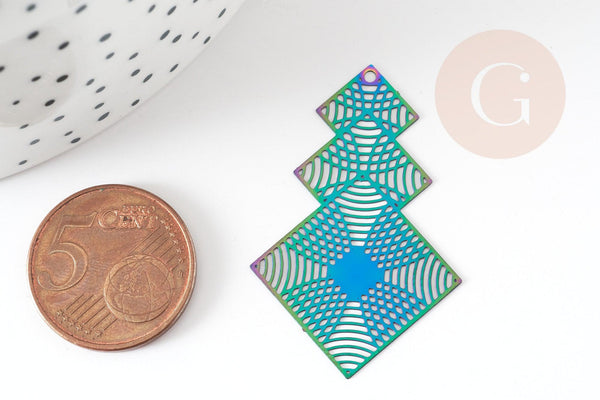 Pendentif estampe filigrane losange acier multicolore, Pendentif très fin et léger pour création,40.5mm,x1 (G5574)