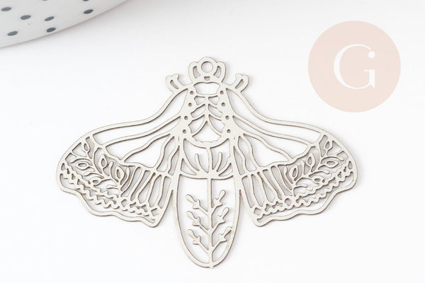 Pendentif estampe filigrane papillon acier argenté 32x44mm,x2 (G4109)