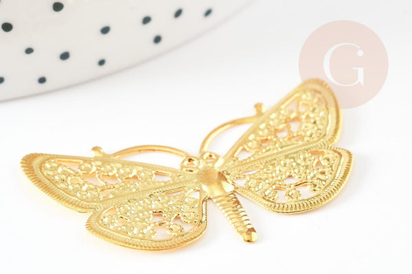Pendentif estampe filigrane papillon laiton doré 24x43mm, x2 (G4119)