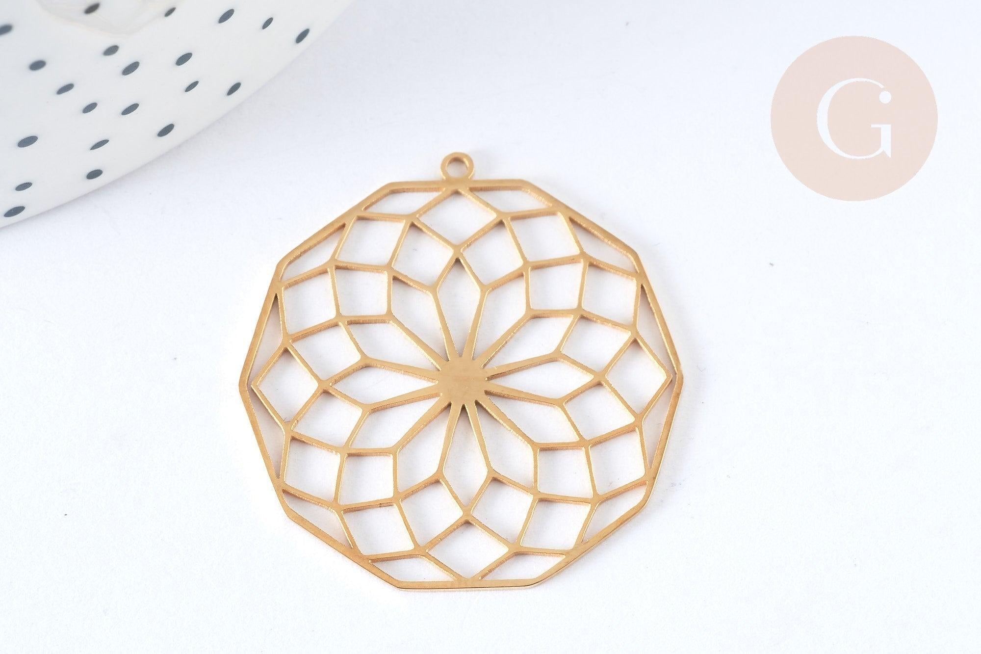 Pendentif estampe filigrane polygone fleur acier inoxydable 201 doré 35.5mm, x1 (G7253)