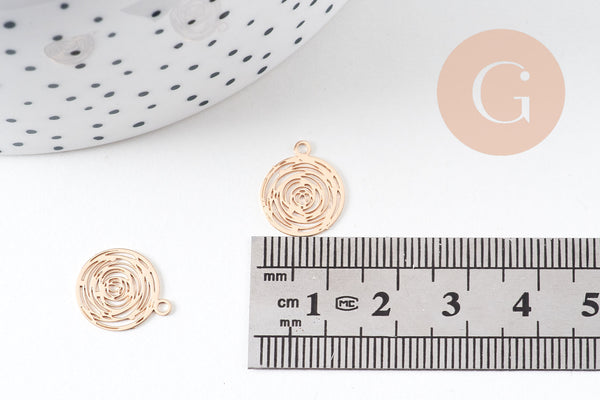 Pendentif estampe filigrane rond Fleur rose laiton doré clair 14.5mm, Pendentif léger pour création bijoux or, x2 (G9291)