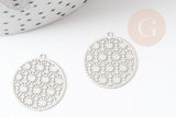 Pendentif estampe filigrane rond acier argent, Pendentif très fin et léger, 21.5x20mm ,x2 (G4111)