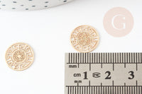 Pendentif estampe filigrane rond aztèque laiton doré, Pendentif très fin et léger, 13mm, x2 (G4456)