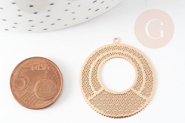 Pendentif estampe filigrane rond dentelle évidé laiton doré 33mm, Pendentif très fin et léger pour création de bijoux, x2 G9277