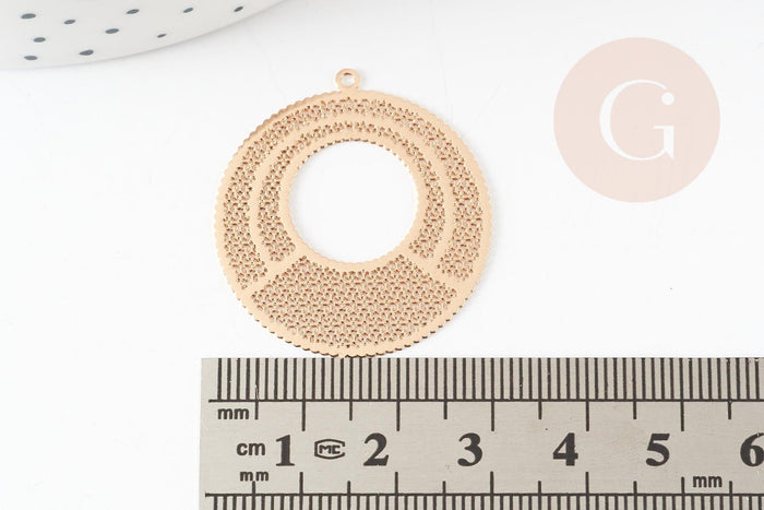 Pendentif estampe filigrane rond dentelle évidé laiton doré 33mm, Pendentif très fin et léger pour création de bijoux, x2 G9277