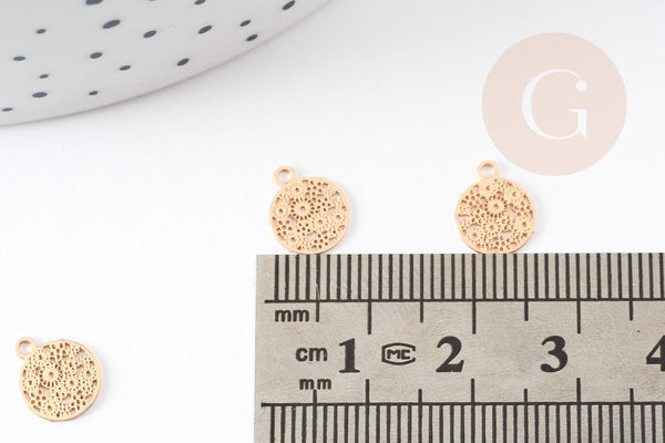 Pendentif estampe filigrane rond dentelle laiton doré 10mm, Pendentif très fin et léger pour création de bijoux DIY x2 (G9204)