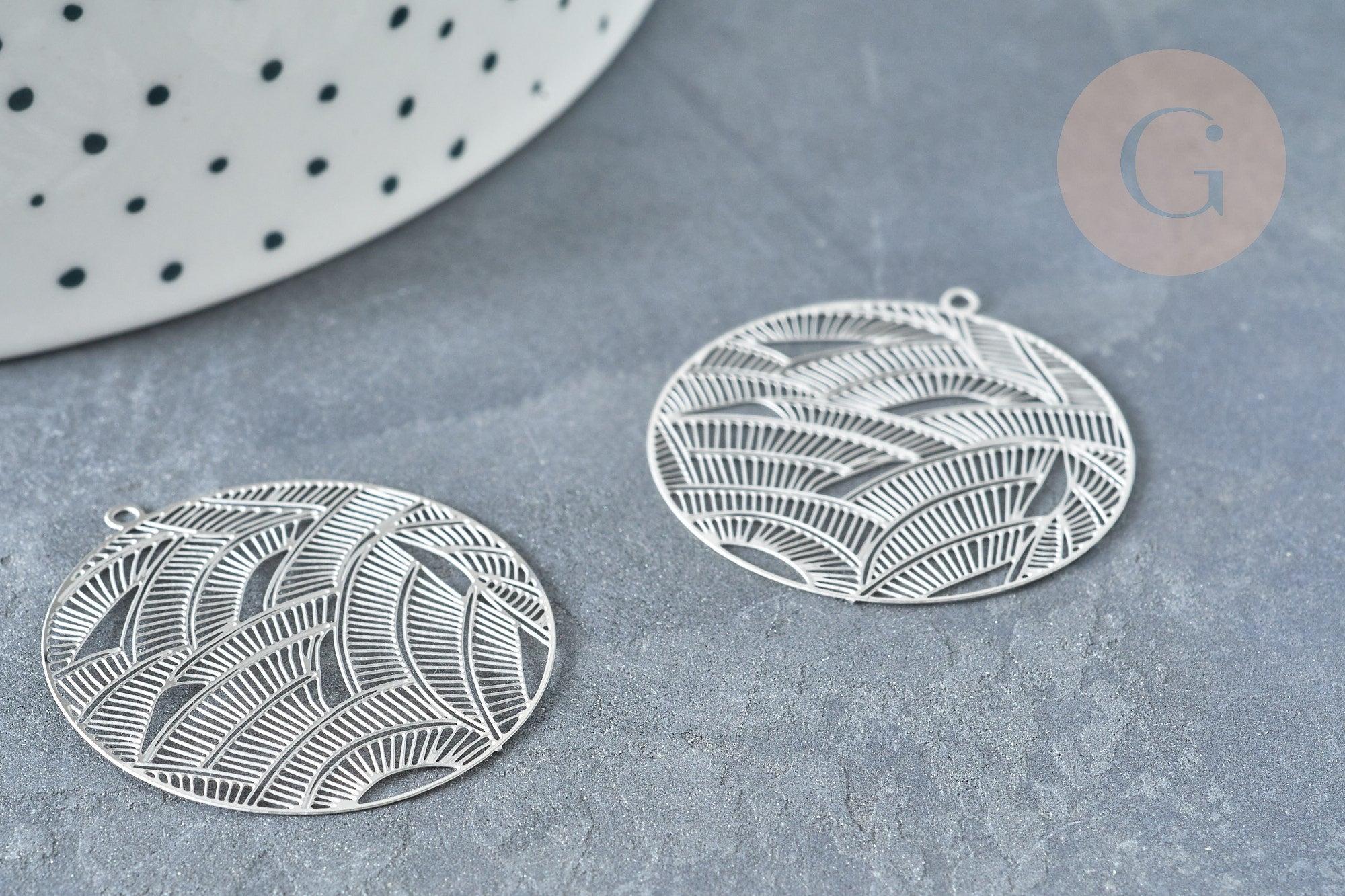 Pendentif estampe filigrane rond feuille acier 201 inoxydable argenté 31.5mm, Pendentif très fin et léger, x 2 (G8261)