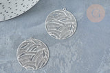 Pendentif estampe filigrane rond feuille acier 201 inoxydable argenté 31.5mm, Pendentif très fin et léger, x 2 (G8261)