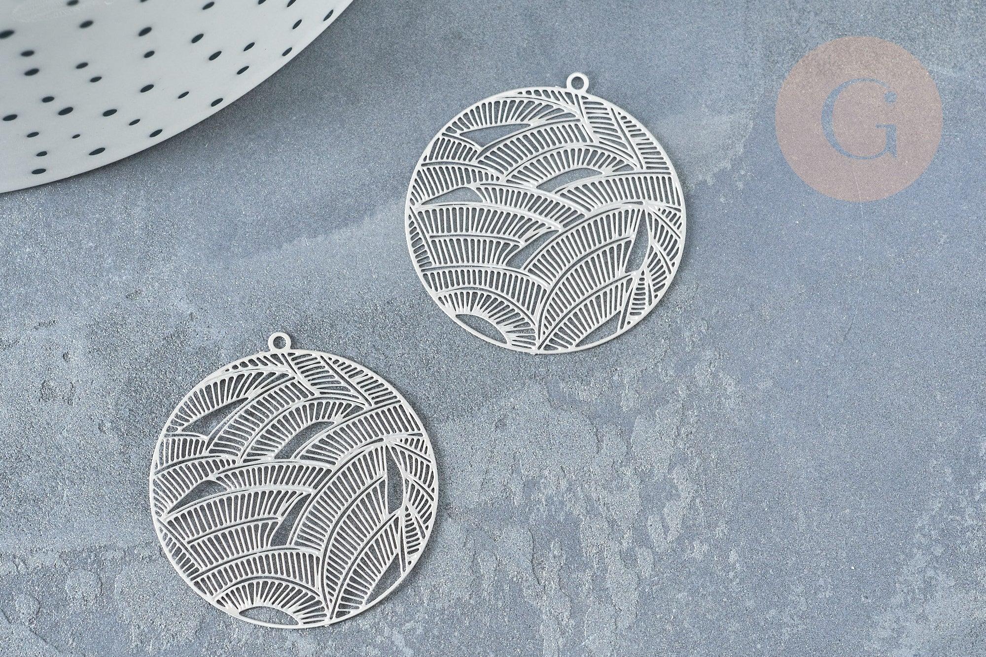 Pendentif estampe filigrane rond feuille acier 201 inoxydable argenté 31.5mm, Pendentif très fin et léger, x 2 (G8261)