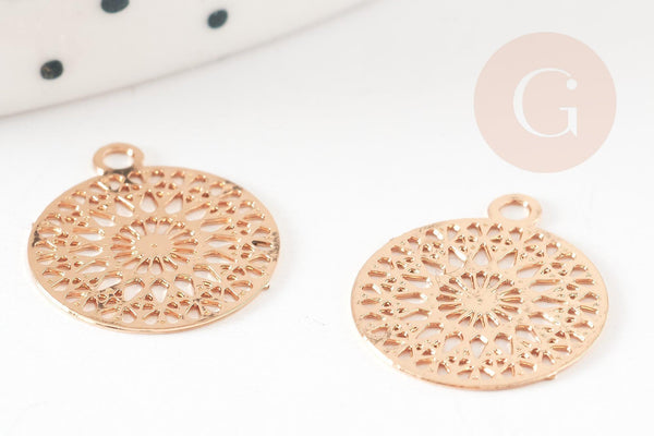 Pendentif estampe filigrane rond fleur dentelle laiton doré clair 14mm, Pendentif léger pour création bijoux or, x2 (G9290)