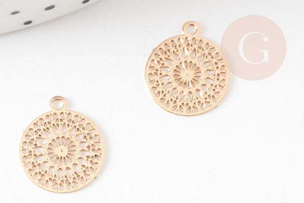 Pendentif estampe filigrane rond fleur dentelle laiton doré clair 14mm, Pendentif léger pour création bijoux or, x2 (G9290)