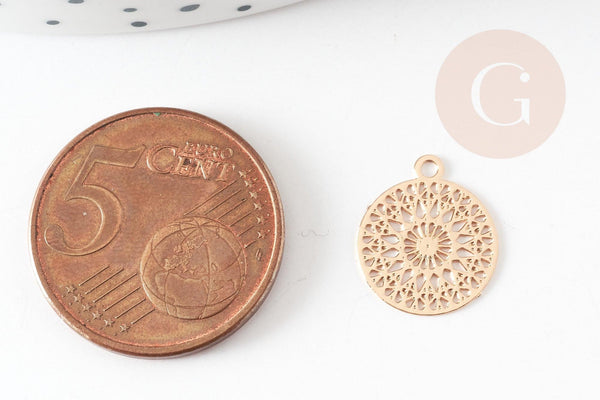 Pendentif estampe filigrane rond fleur dentelle laiton doré clair 14mm, x2 (G9290)
