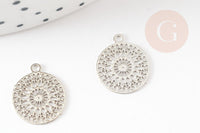 Pendentif estampe filigrane rond fleur dentelle laiton platine 14mm, Pendentif léger pour création bijoux argent, x2 (G9304)