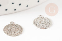 Pendentif estampe filigrane rond fleur dentelle laiton platine 14mm, Pendentif léger pour création bijoux argent, x2 (G9304)