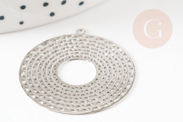 Pendentif estampe filigrane rond géométrique évidé laiton platine 32.5mm, Pendentif très fin pour création de bijoux argent, x2 (G9292)