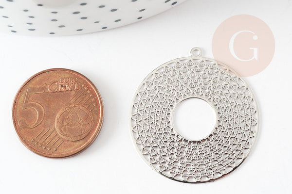 Pendentif estampe filigrane rond géométrique évidé laiton platine 32.5mm, Pendentif très fin pour création de bijoux argent, x2 (G9292)