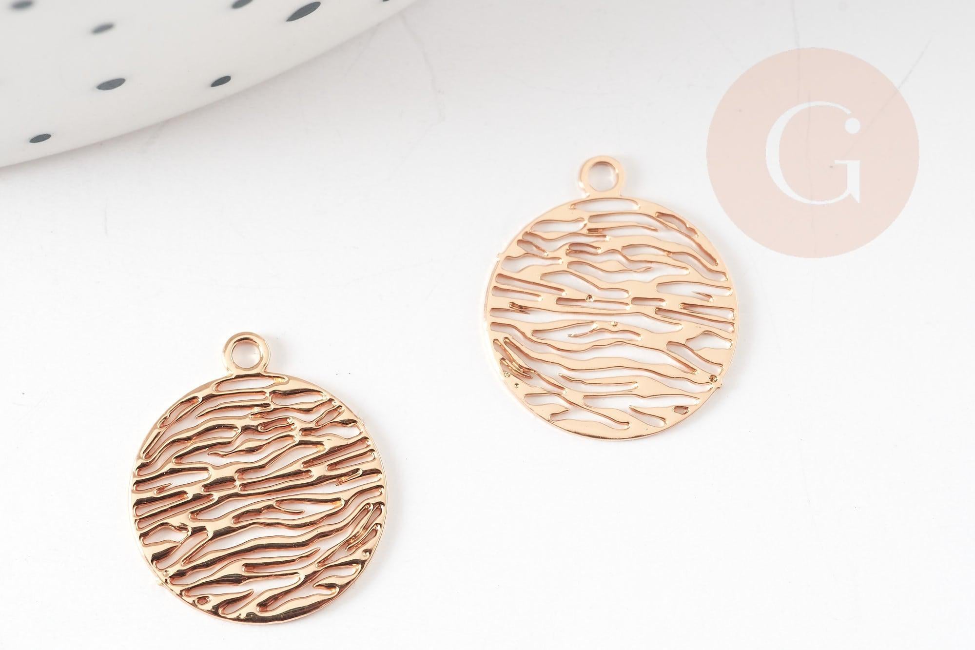 Pendentif estampe filigrane rond motif vagues laiton doré clair 14mm, Pendentif léger pour création bijoux or, x2 (G9293)