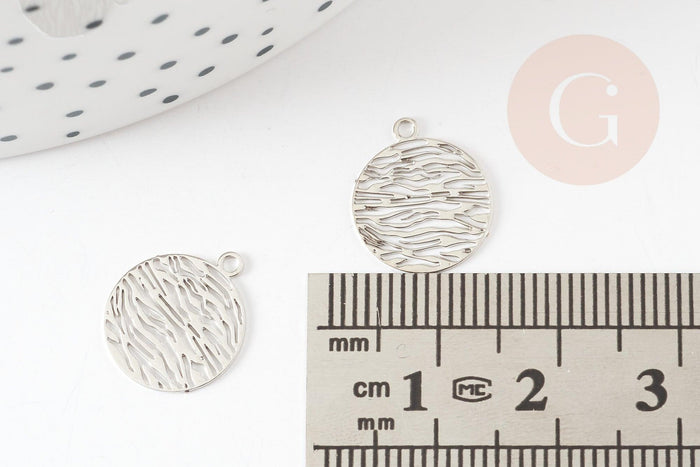 Pendentif estampe filigrane rond motif vagues laiton platine 14mm, Pendentif léger pour création bijoux argent, x2 (G9298)