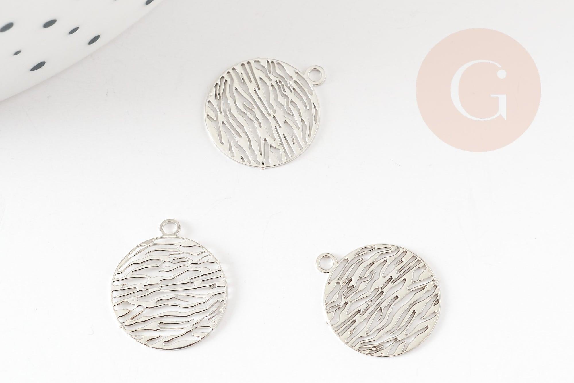 Pendentif estampe filigrane rond motif vagues laiton platine 14mm, Pendentif léger pour création bijoux argent, x2 (G9298)