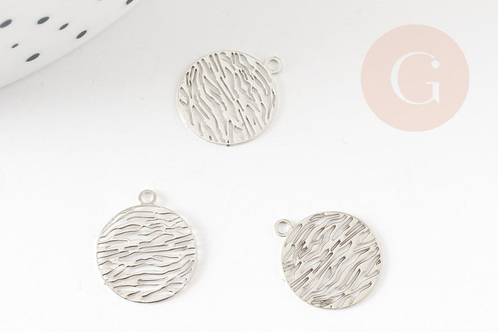 Pendentif estampe filigrane rond motif vagues laiton platine 14mm, Pendentif léger pour création bijoux argent, x2 (G9298)