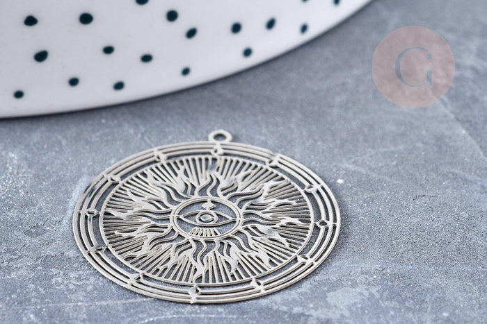 Pendentif estampe filigrane rond soleil acier 201 inoxydable argenté 32.5x30mm, pendentif très léger pour boucles et colliers x2 (G4110)
