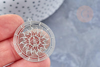 Pendentif estampe filigrane rond soleil acier 201 inoxydable argenté 32.5x30mm, pendentif très léger pour boucles et colliers x2 (G4110)