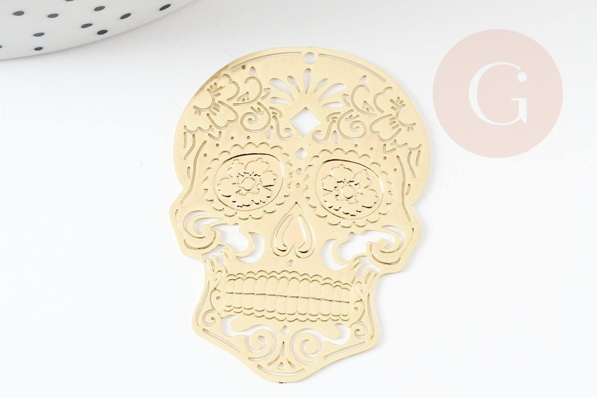 Pendentif estampe filigrane tête de mort laiton doré, Pendentif très fin et léger, 46 x 34 mm, x2 (G3697)