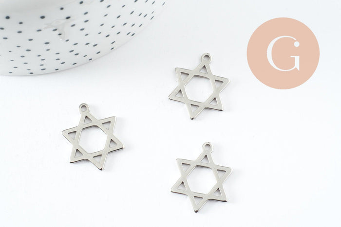 Pendentif étoile David acier 304 inoxydable argent 25mm, x1 (G9824)