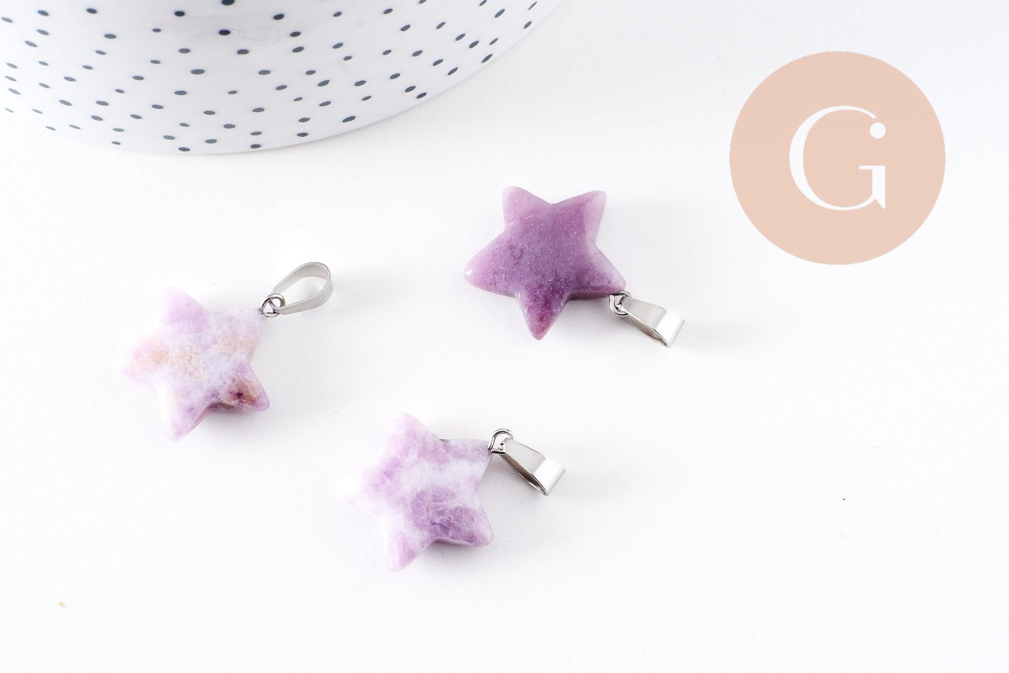 Pendentif étoile lépidolite naturelle violette acier inoxydable platine 22mm, x1 (G10071)