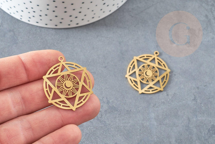 Pendentif étoile soleil acier 201 inoxydable dore 25.5mm,breloque acier inoxydable doré sans nickel pour création bijoux, x1 G6142