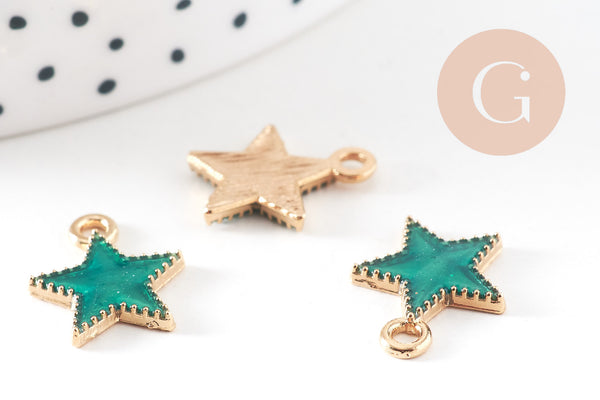 Pendentif étoile zamac doré résine verte 15mm,pendentif doré pour création de bijoux, x5 (G6099)