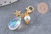 Pendentif fermoir cristal facetté acier inoxydable doré 34mm, pendentif perle en verre, fabrication de porte clés, x1 (G7102)