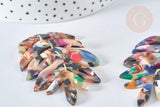 Pendentif feuille acétate multicolore laiton doré 65mm, création bijoux plastique, x1 (G7471)
