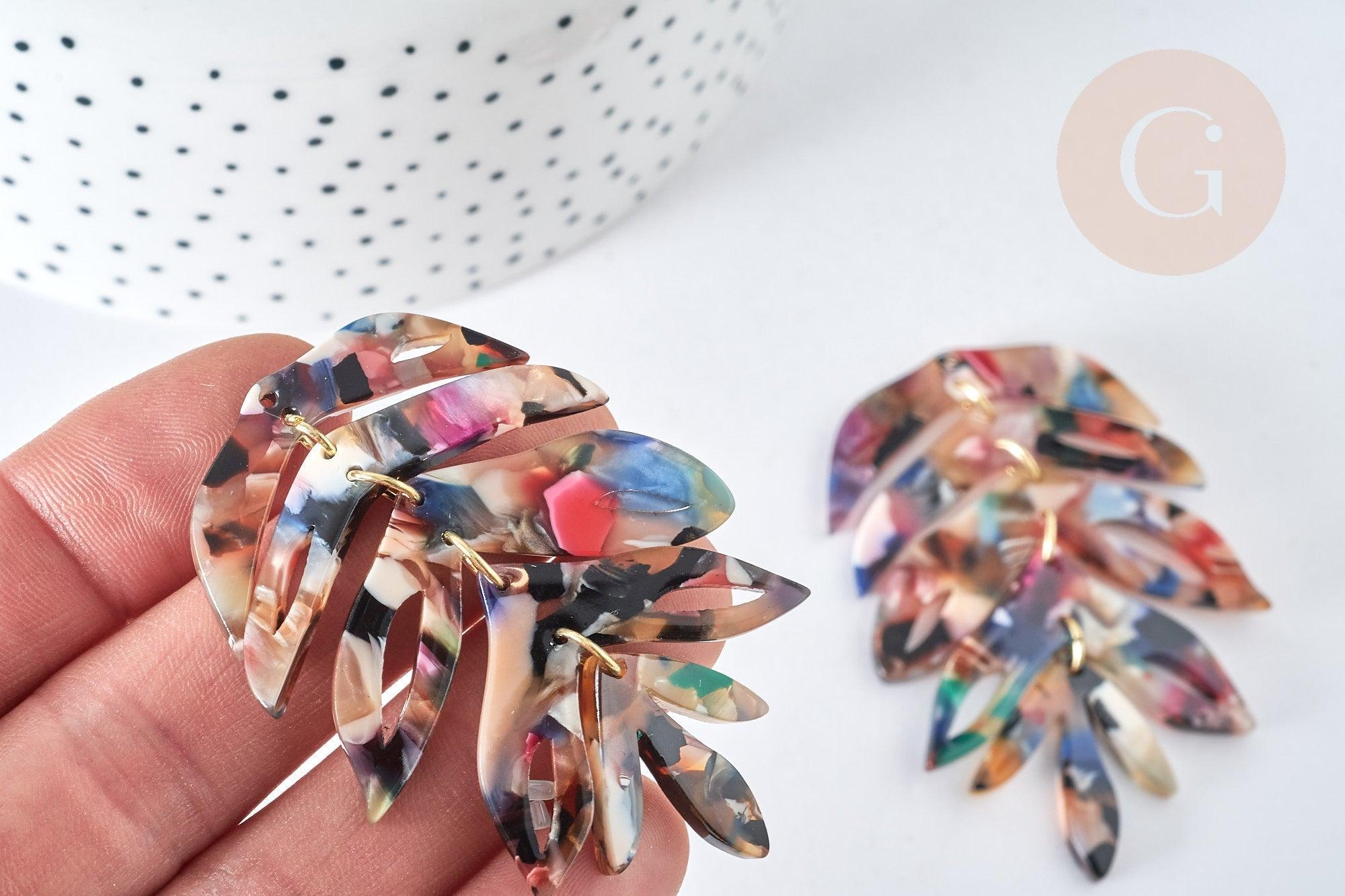 Pendentif feuille acétate multicolore laiton doré 65mm, création bijoux plastique, x1 (G7471)