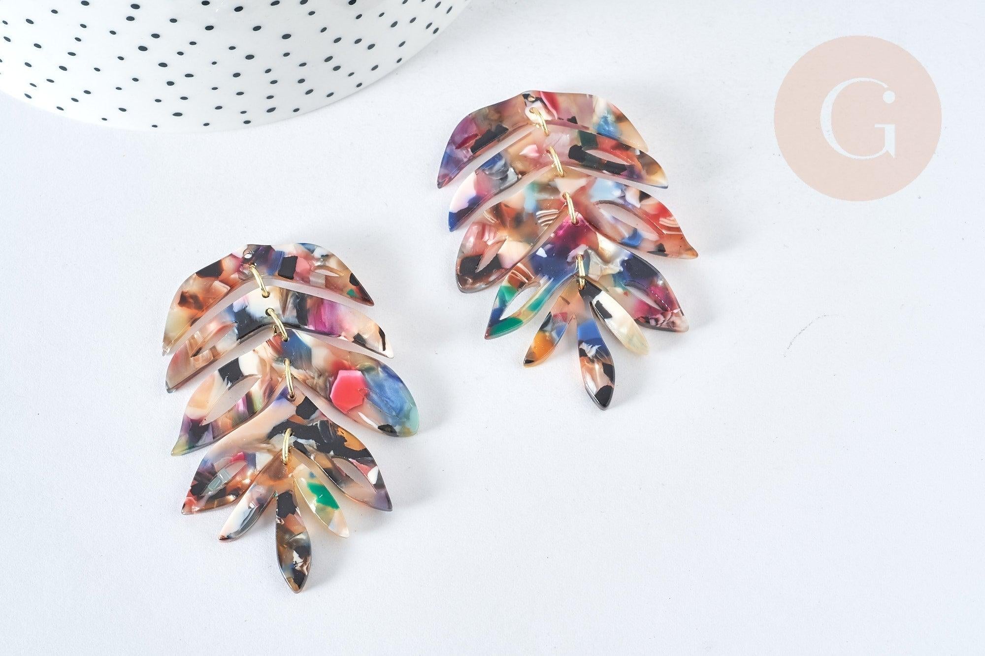 Pendentif feuille acétate multicolore laiton doré 65mm, création bijoux plastique, x1 (G7471)
