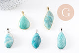 Pendentif feuille amazonite naturelle laiton platine ou doré 34-46mm, x1 (G10927)