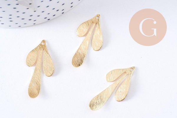 Pendentif feuille brossé laiton doré 18K 35.5mm, x1 (G6259)