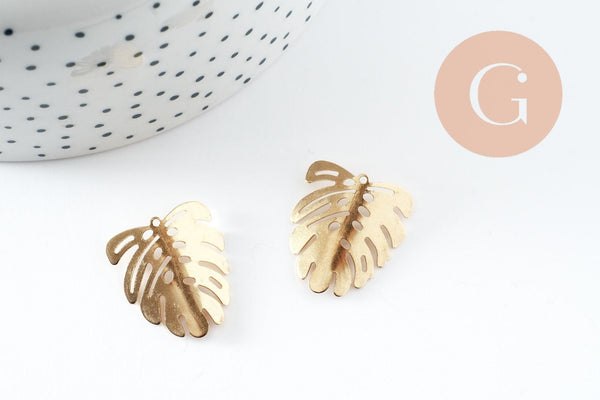 Pendentif feuille laiton, breloque laiton brut, bijou laiton,feuille monstera, bijoux,pendentif laiton brut,,22mm, x2 (G0912)