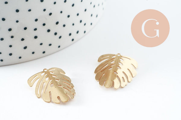 Pendentif feuille laiton, breloque laiton brut, bijou laiton,feuille monstera, bijoux,pendentif laiton brut,,22mm, x2 (G0912)