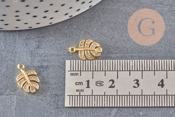 Pendentif feuille laiton doré zircon 14mm, X2 (G9840)