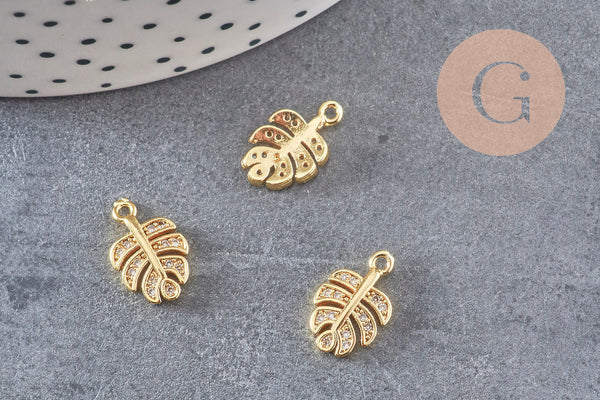 Pendentif feuille laiton doré zircon 14mm, X2 (G9840)