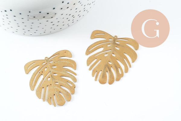 Pendentif feuille laiton,fourniture bijou,breloque laiton brut,bijou laiton,feuille monstera 45mm, x1 (G0917)