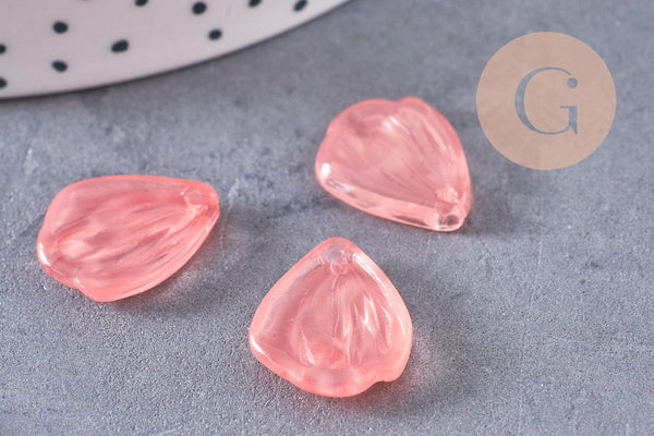 Pendentif feuille pétale verre rose corail 19mm, perles verre tchèque, perle végétale style art déco, x10 (G4191)
