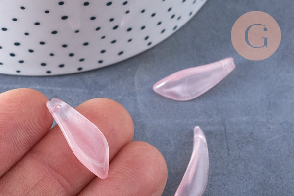 Pendentif feuille verre rose clair 25.5mm ,pendentif verre ,x10 (G6572)