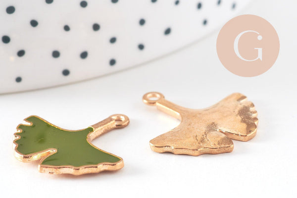 Pendentif feuilles gingko zamac doré émail vert,breloque laiton feuille Gingko pour création bijoux doré, 22.5mm, x2 (G5282)