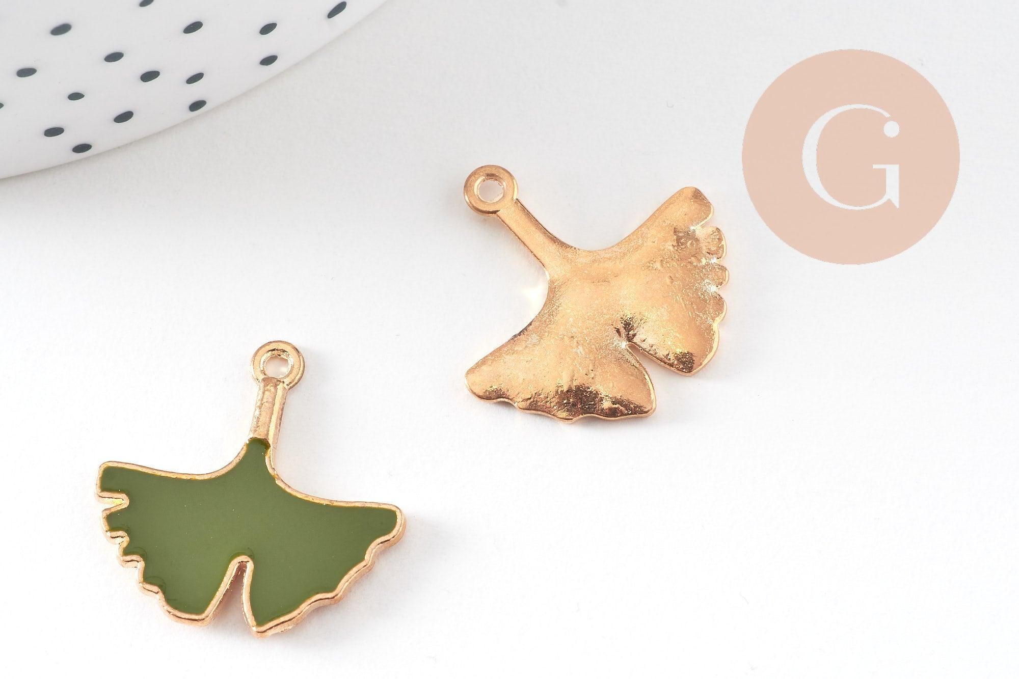 Pendentif feuilles gingko zamac doré émail vert,breloque laiton feuille Gingko pour création bijoux doré, 22.5mm, x2 (G5282)
