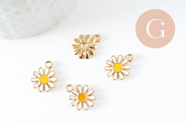 Pendentif fleur Marguerite doré émaillé zamac doré 14mm, x2 (G3657)