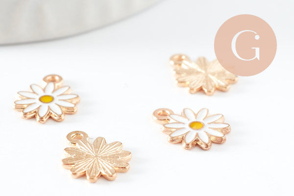 Pendentif fleur Marguerite doré émaillé zamac doré,pendentif fleur création bijoux, pendentif doré, 13mm, x5 G3967
