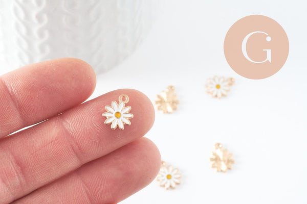 Pendentif fleur Marguerite doré émaillé zamac doré,pendentif fleur création bijoux, pendentif doré, 13mm, x5 G3967