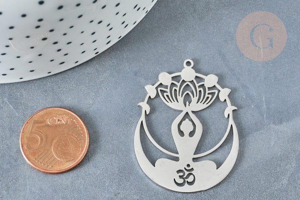 Pendentif fleur de lotus acier 304 platine 43mm, x1 (G8230)